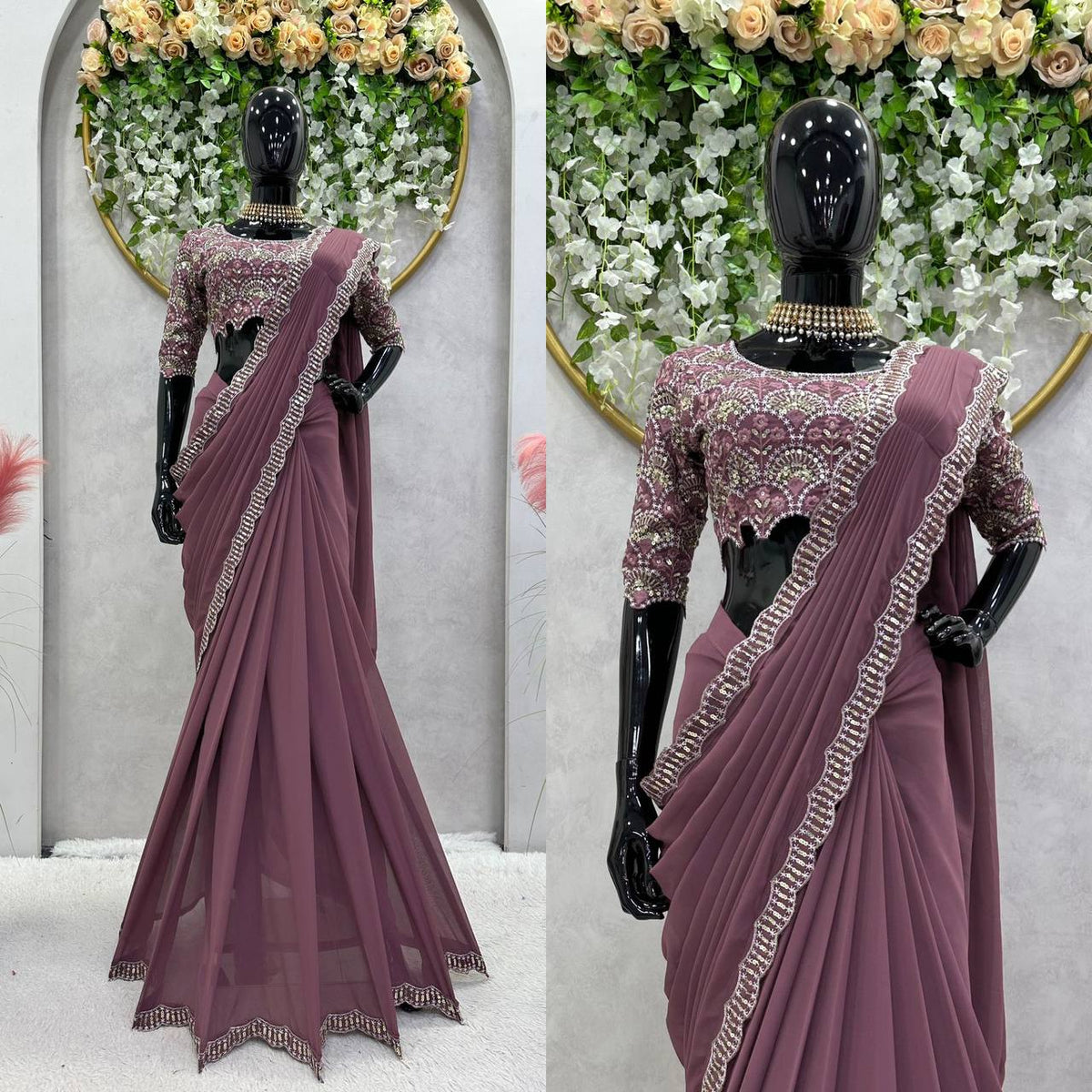 Designer Wine Color Georgette Ready to Wear Sequence Work Saree Blouse