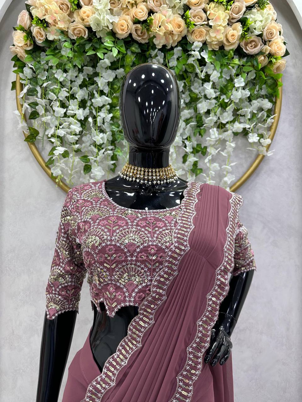 Designer Wine Color Georgette Ready to Wear Sequence Work Saree Blouse