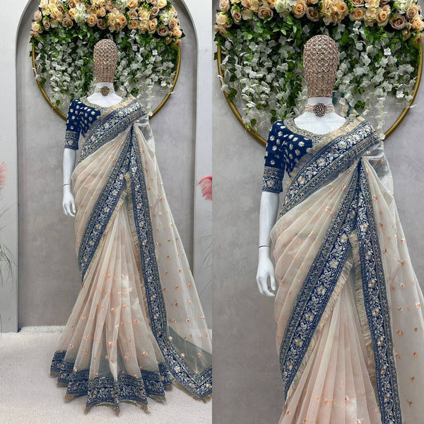 Party Wear Cream Tissue Silk Sequence Work Saree Blouse