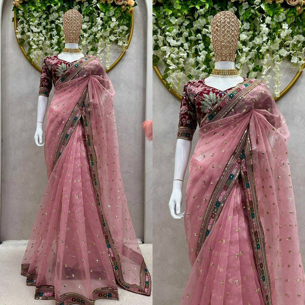 Latest Organza Silk Sequence Thread Work Wedding Wear Saree Blouse