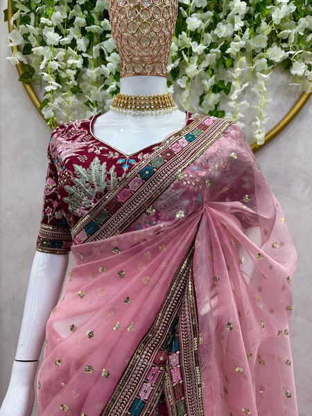 Latest Organza Silk Sequence Thread Work Wedding Wear Saree Blouse