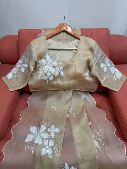 Party Wear Golden Color Jimmy Chu Sequence Work Saree Blouse