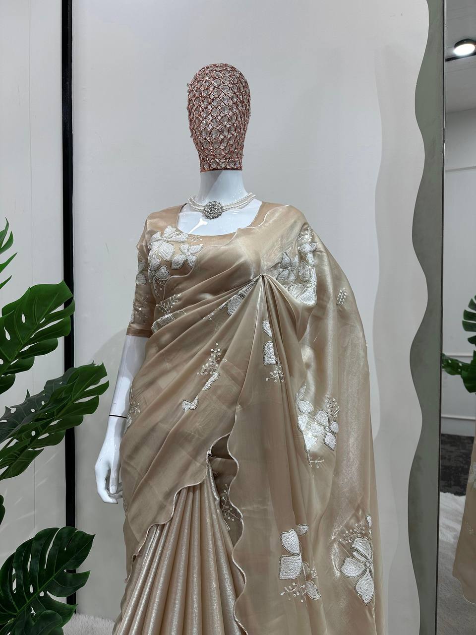 Party Wear Golden Color Jimmy Chu Sequence Work Saree Blouse