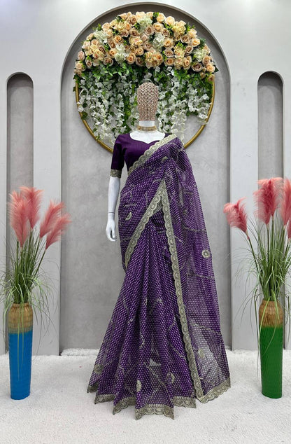 Wedding Wear Tabby Silk Printed Coding Thread Work Saree Blouse