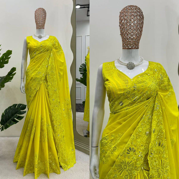 Unique Yellow Color Tabby Silk Sequence Thread Work Saree Blouse