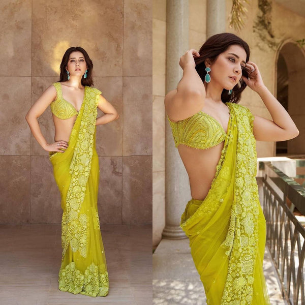 Unique Yellow Color Tabby Silk Sequence Thread Work Saree Blouse