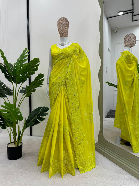 Unique Yellow Color Tabby Silk Sequence Thread Work Saree Blouse