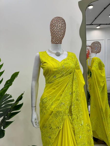 Unique Yellow Color Tabby Silk Sequence Thread Work Saree Blouse