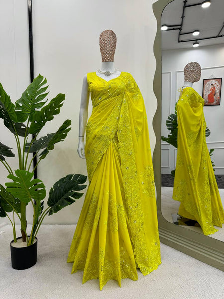 Unique Yellow Color Tabby Silk Sequence Thread Work Saree Blouse