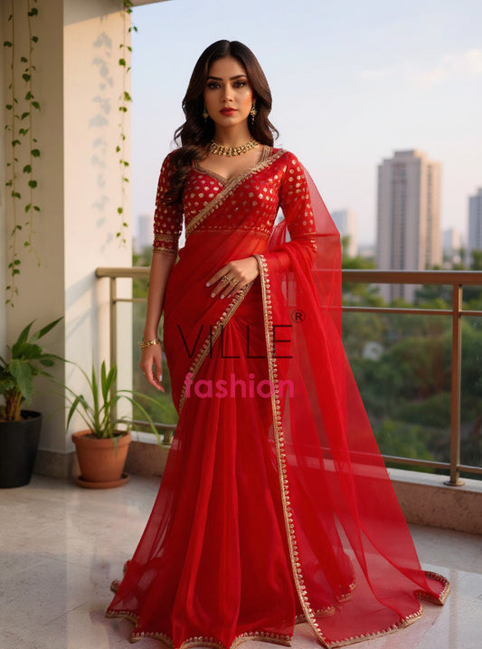 Organza Silk Saree with All-Over Thread & Sequin Work and Matching Blouse