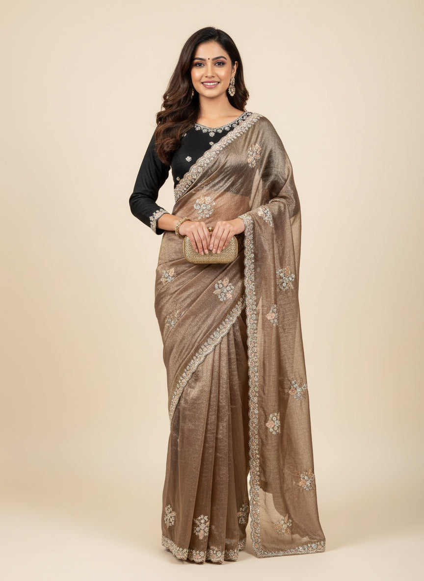 Premium Fendy Silk Saree with Hand-Crafted Beads & Sequence Embroidery