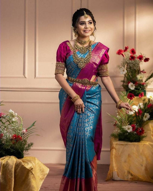 Soft lichi silk Saree Rich Pallu & Jacquard Work On All Over The Saree And Unstitched Blouse Piece