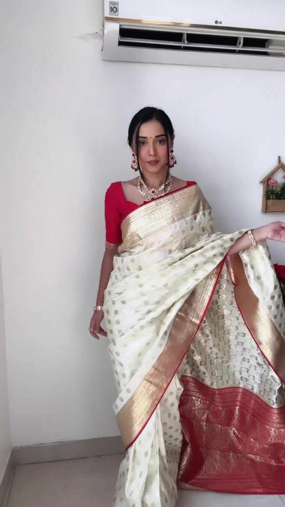 Cream color Pallu & Jacquard Work On All Over The Saree