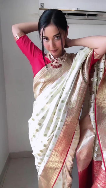 Cream color Pallu & Jacquard Work On All Over The Saree