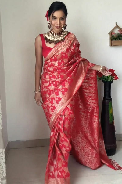 Red color Pallu & Jacquard Work On All Over The Saree