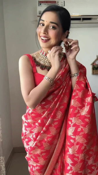 Red color Pallu & Jacquard Work On All Over The Saree