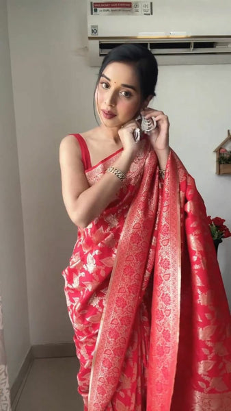 Red color Pallu & Jacquard Work On All Over The Saree