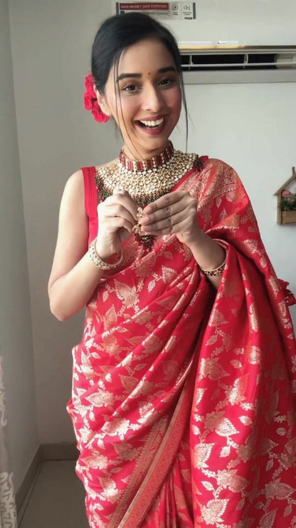 Red color Pallu & Jacquard Work On All Over The Saree