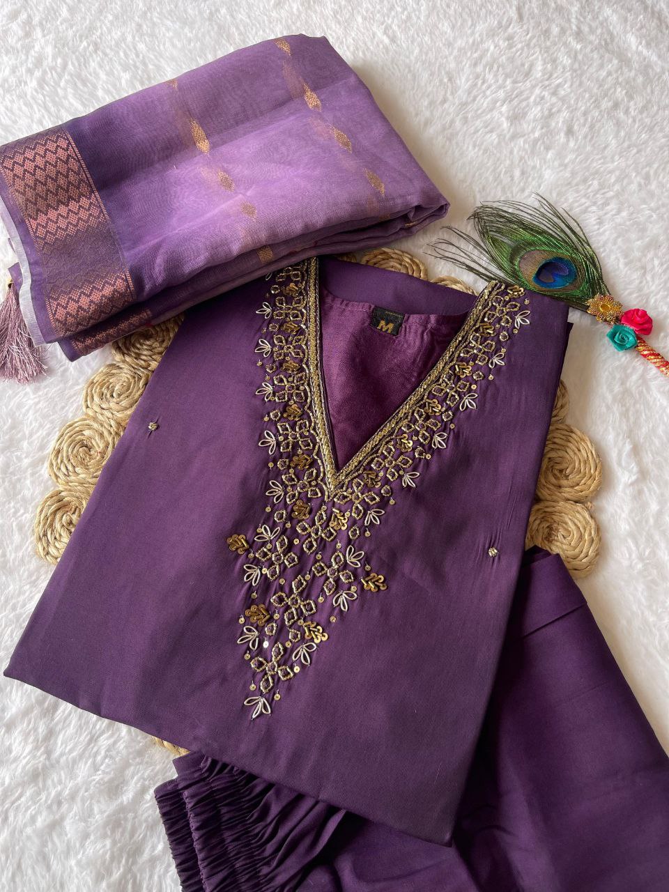 Graceful Wine Color Roman Silk Hand Work Salwar Suit For Women