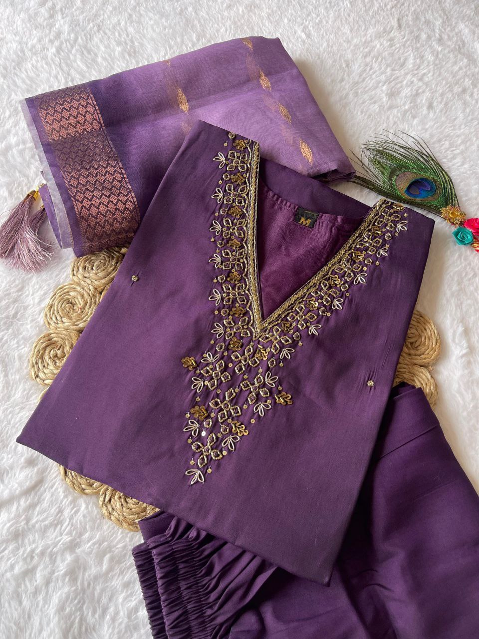 Graceful Wine Color Roman Silk Hand Work Salwar Suit For Women