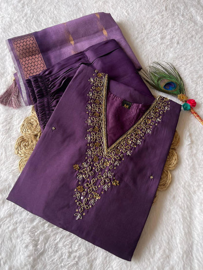 Graceful Wine Color Roman Silk Hand Work Salwar Suit For Women