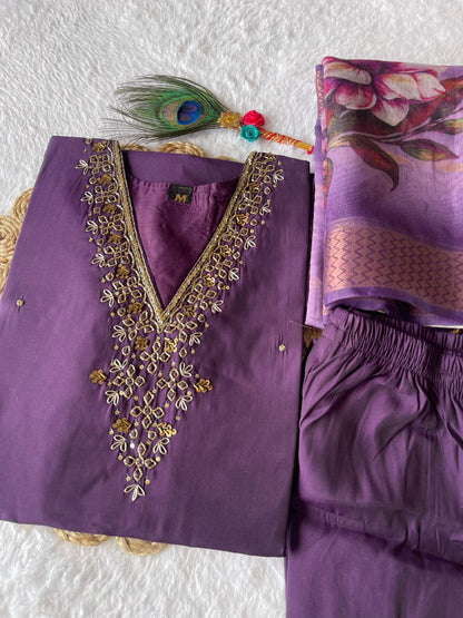Graceful Wine Color Roman Silk Hand Work Salwar Suit For Women