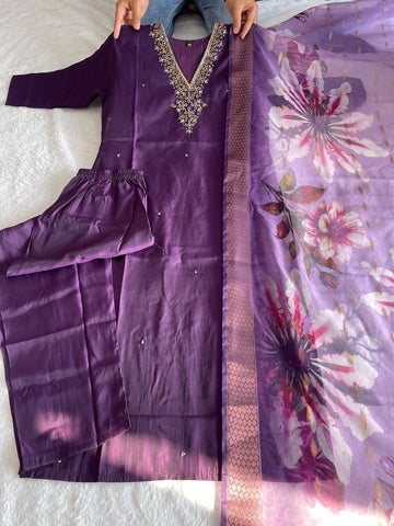 Graceful Wine Color Roman Silk Hand Work Salwar Suit For Women