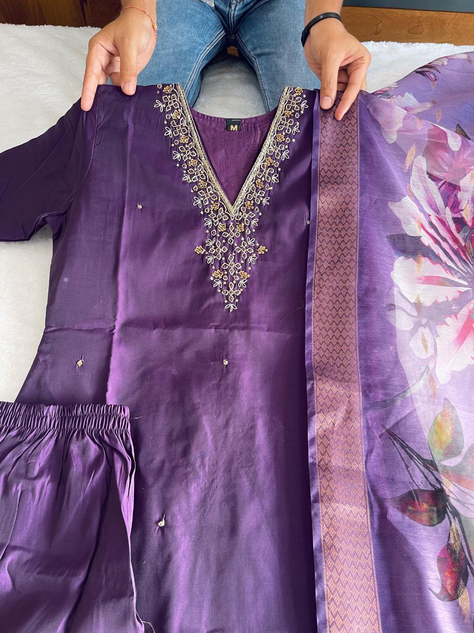 Graceful Wine Color Roman Silk Hand Work Salwar Suit For Women