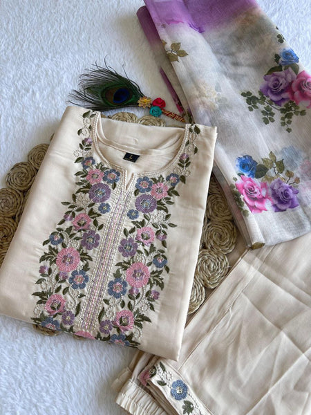 Dashing Cream Color Roman Silk Sequence Embroidery Work Salwar Suit