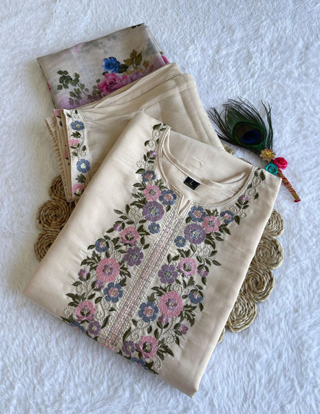 Dashing Cream Color Roman Silk Sequence Embroidery Work Salwar Suit