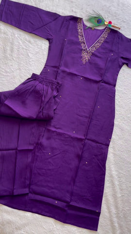 Wonderful Purple Color Roman Silk Ready Made Hand Work Salwar Suit
