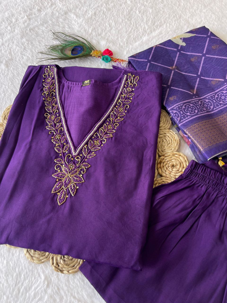Wonderful Purple Color Roman Silk Ready Made Hand Work Salwar Suit