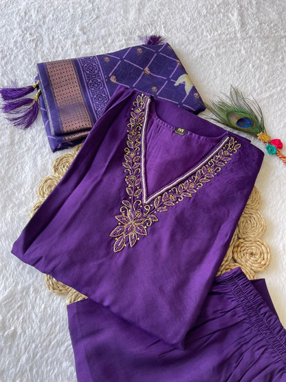 Wonderful Purple Color Roman Silk Ready Made Hand Work Salwar Suit