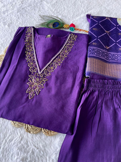 Wonderful Purple Color Roman Silk Ready Made Hand Work Salwar Suit