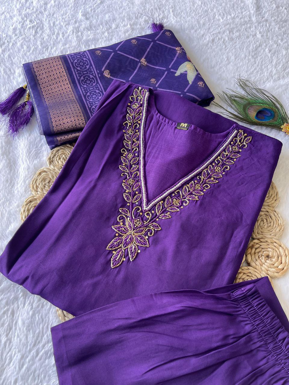 Wonderful Purple Color Roman Silk Ready Made Hand Work Salwar Suit