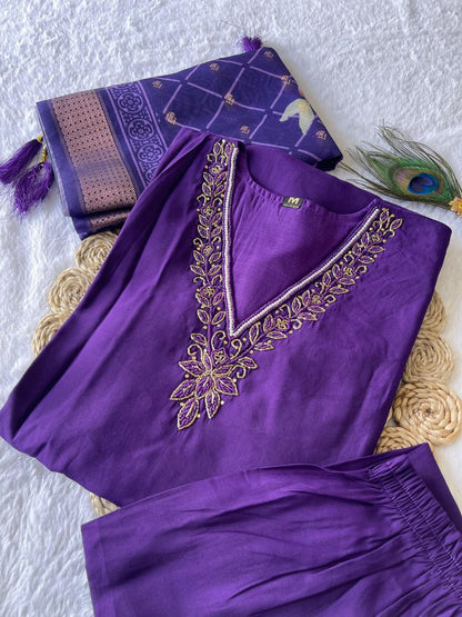 Wonderful Purple Color Roman Silk Ready Made Hand Work Salwar Suit