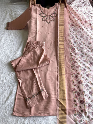 Designer Peach Color Roman Silk Sequene Embroidered Work Ready Made Salwar Suit