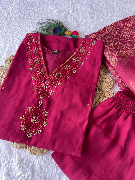 Cherry Color Hand Work Roman Silk Ready Made Salwar Suit