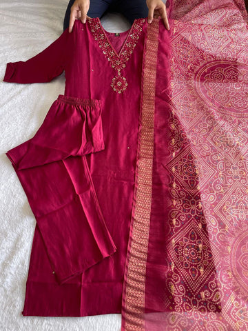 Cherry Color Hand Work Roman Silk Ready Made Salwar Suit