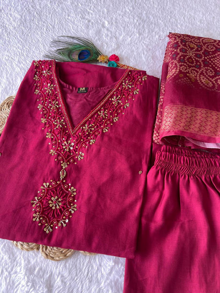 Cherry Color Hand Work Roman Silk Ready Made Salwar Suit