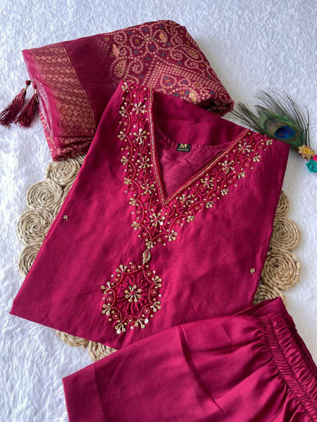 Cherry Color Hand Work Roman Silk Ready Made Salwar Suit