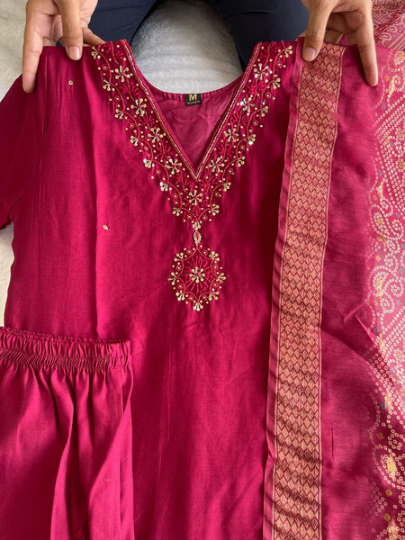 Cherry Color Hand Work Roman Silk Ready Made Salwar Suit