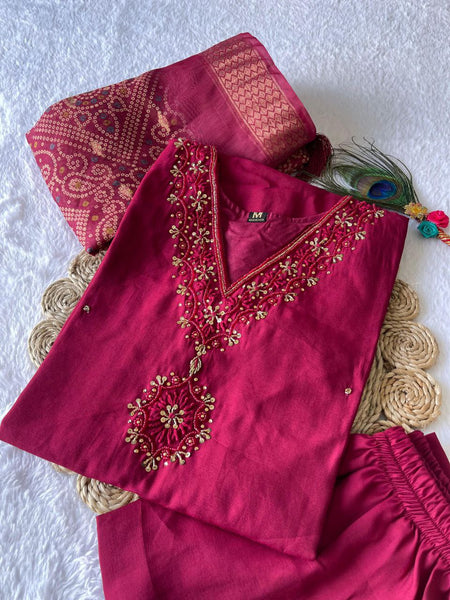 Cherry Color Hand Work Roman Silk Ready Made Salwar Suit