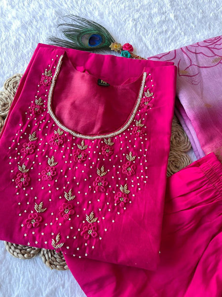 Attractive Pink Color Roman Silk Hand Work Ready Made Salwar Suit