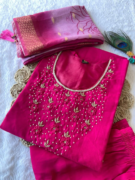 Attractive Pink Color Roman Silk Hand Work Ready Made Salwar Suit