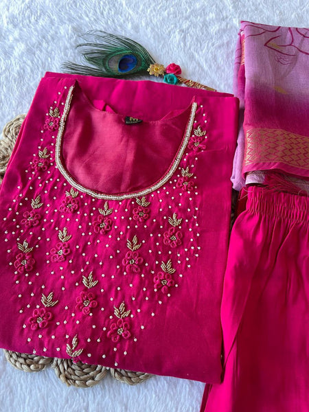 Attractive Pink Color Roman Silk Hand Work Ready Made Salwar Suit