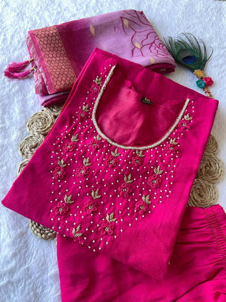 Attractive Pink Color Roman Silk Hand Work Ready Made Salwar Suit