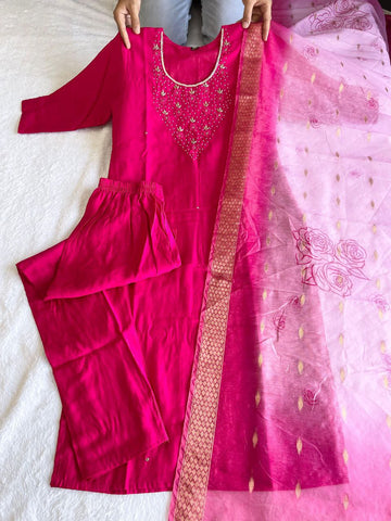 Attractive Pink Color Roman Silk Hand Work Ready Made Salwar Suit