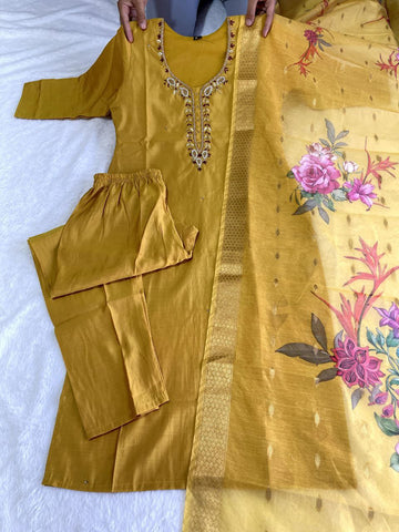 Yellow Color Hand Work Roman Silk Designer Salwar Suit