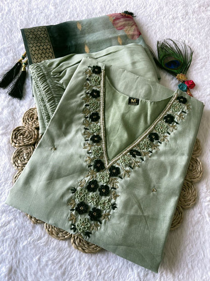 Wedding Wear Pista Color Roman Silk Hand Work Salwar Suit